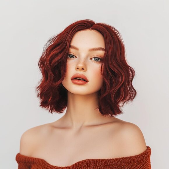 Short Burgundy Wigs Women Shoulder Length Bob Curly Wavy Middle Part Wine red